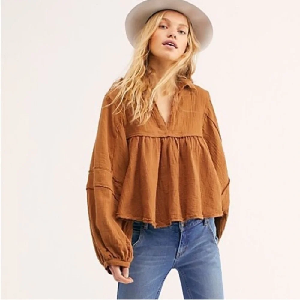 Free People Silver Linings Brown Peplum Blouse size small